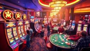 Para pemain menikmati permainan slot deposit pulsa di tengah suasana kasino yang seru dengan pencahayaan berwarna-warni.