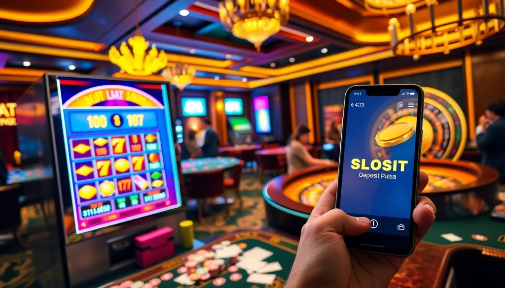 Exciting gaming scene featuring a slot deposit pulsa interface on a vibrant casino night.