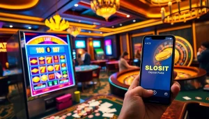 Exciting gaming scene featuring a slot deposit pulsa interface on a vibrant casino night.