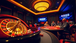 RR88 players enjoy an exciting game at a luxurious casino table with chips and cards.