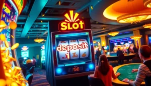 Pemain yang bersemangat menikmati pengalaman slot deposit 1k di kasino yang semarak, menonjolkan kemewahan dan sensasi.