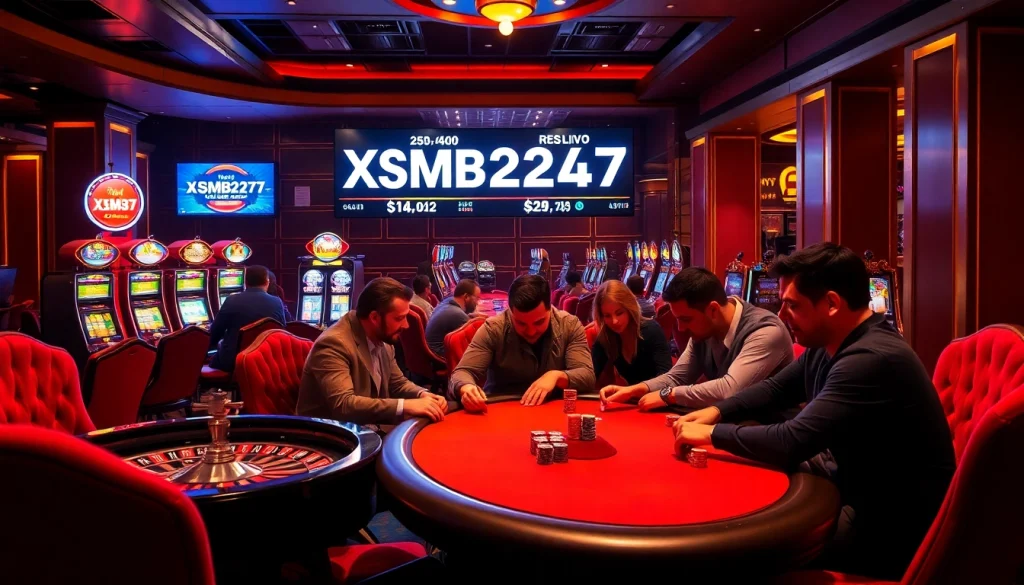 Exciting poker game at a luxury casino highlighting XSMB247 lottery results.