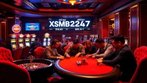Exciting poker game at a luxury casino highlighting XSMB247 lottery results.