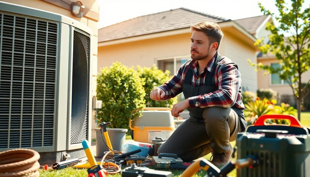 Technician performing heat pump repair stormville in a residential area with tools.