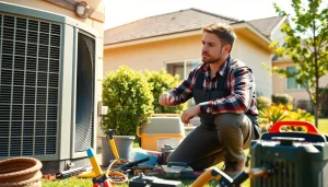 Technician performing heat pump repair stormville in a residential area with tools.