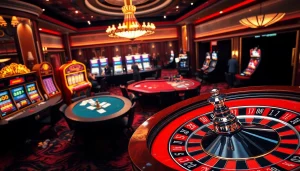 Spectacular casino scene showcasing sbobet link alternatif activities with poker, slots, and roulette excitement.
