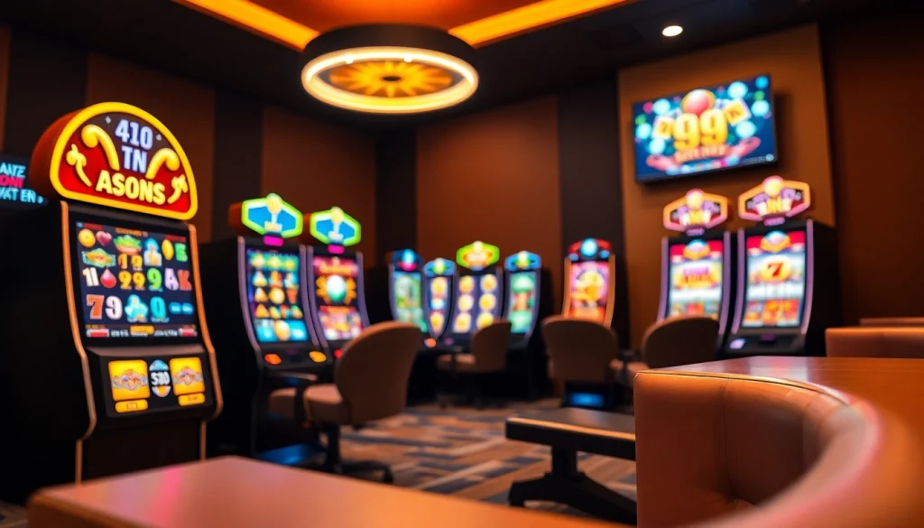 Memperlihatkan slot depo 1k dalam suasana kasino modern, dengan permainan menawan dan desain yang menarik.