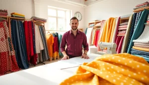 Fabrikant met poplin katoen stoffen, unieke patronen en heldere kleuren in een ontwerpstudio.