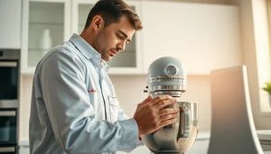 Expert fixing a KitchenAid appliance repair Ottawa with great precision in a well-lit kitchen.
