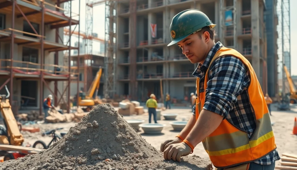Construction association Wyoming showcases active construction worksite with workers using machinery.
