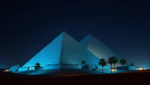 A stunning night view of the piraminds under a starry sky, highlighting their ancient majesty.