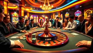 Engage with exciting gameplay at Daftar Modal138 poker scene featuring lively players and vibrant casino elements.