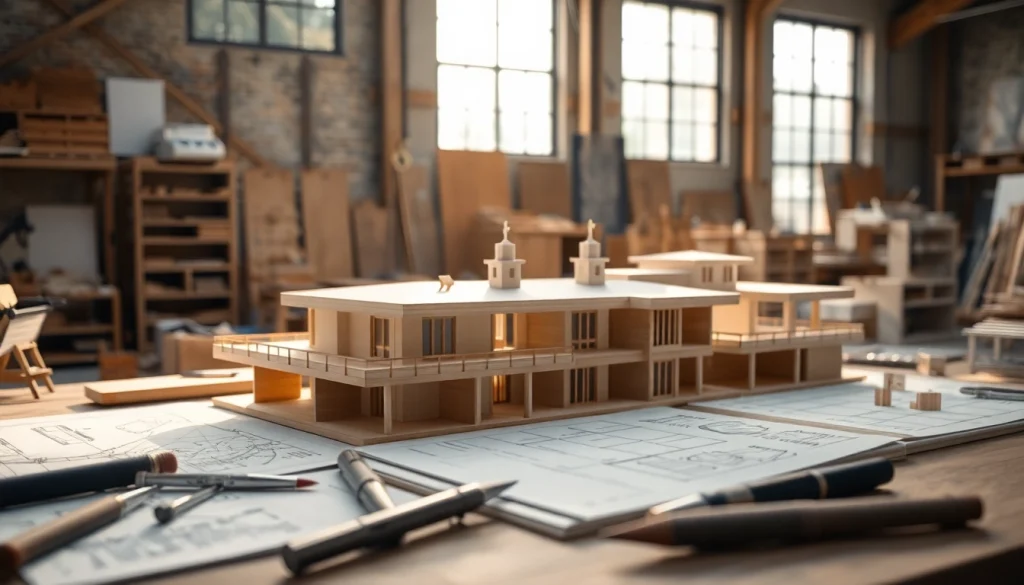 Architekturmodellbau Dortmund zeigt ein detailliertes Architekturmodell in einem kreativen Arbeitsbereich.