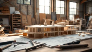 Architekturmodellbau Dortmund zeigt ein detailliertes Architekturmodell in einem kreativen Arbeitsbereich.