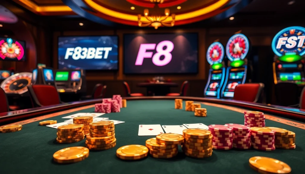 Gamblers enjoying the excitement of F8BET at a luxury poker table with chips and cards.