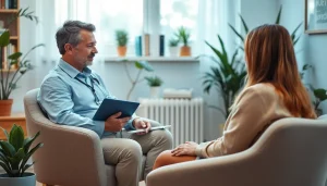 Psychiatrists in Dubai providing compassionate support during a consultation in a serene office.