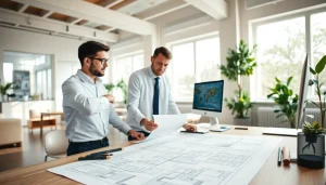 Start a residential architecture project with an architect reviewing designs in a modern office.