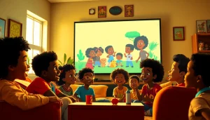 A colorful scene of children engaged with African American cartoons, showcasing joy and cultural representation.