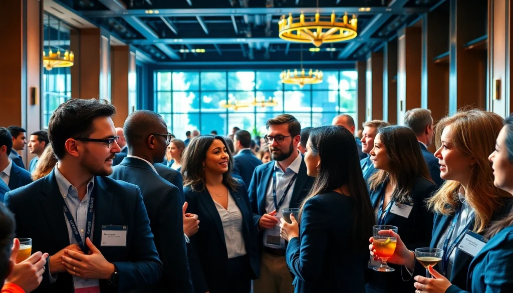 Engaged individuals at a founder investor networking conference exchanging ideas in an elegant setting.