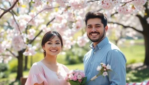 Experience light & airy photography with a couple joyfully posed among cherry blossoms.