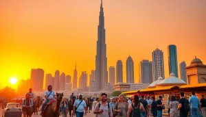 Experience vibrant things to do in Dubai with diverse tourists at sunset, featuring the Burj Khalifa.