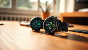 Showcasing the features of Explorer Plus GPS Smart Watch on a polished wooden surface.