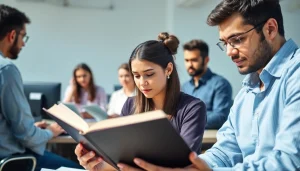 Focused individuals studying to pass IT certification exams in a bright and engaging environment.