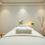 편안한 장식과 분위기를 갖춘 스웨디시 마사지 치료실.