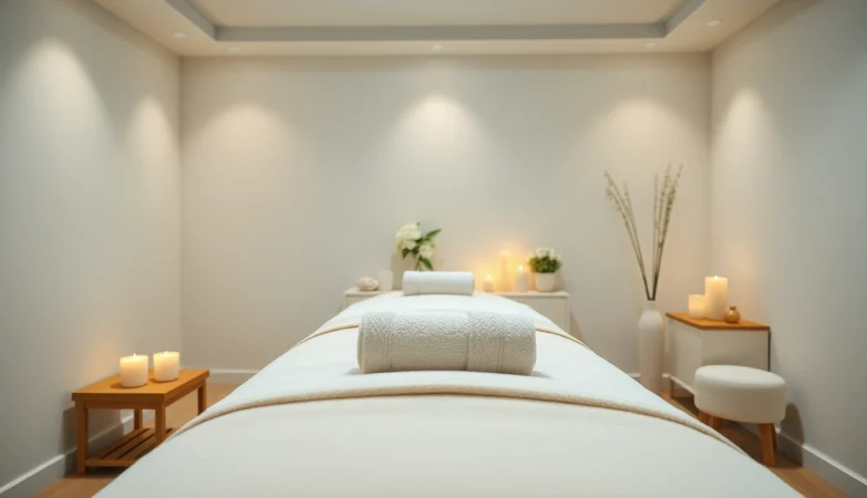 편안한 장식과 분위기를 갖춘 스웨디시 마사지 치료실.
