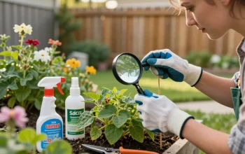 Homeowner practicing pest prevention techniques in a vibrant garden, inspecting plants and using organic repellents.