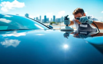 Expert car detailing Miami-Dade County ensuring a pristine vehicle shine in a sunny urban setting.