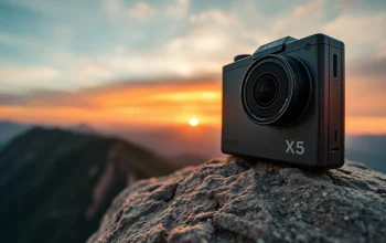Capture stunning views with the Insta360 X5 camera on a rugged cliff.