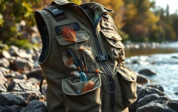Efficiently equipped fly fishing vest on a riverbank with essential tools and accessories.