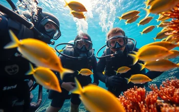 Tauchschule - Professionelle Taucher zeigen lebendige Unterwasserwelt und Korallenriffe.