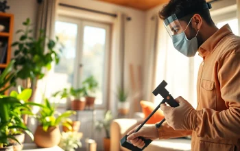 Applying local home insect treatment inside a living room by a professional technician.