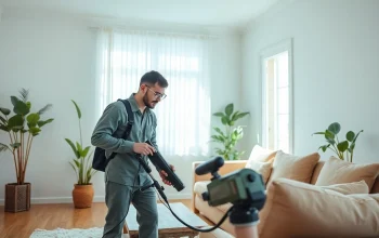 Apply local home insect treatment in a bright living room with a professional pest control specialist.