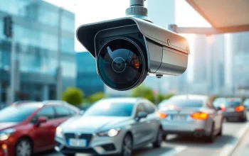 Capture of a license plate recognition camera focusing on a vehicle's plate in a city environment.