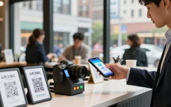 Engaging street scene in Chicago where a young professional uses 시카고페이 for seamless mobile payment at a café.