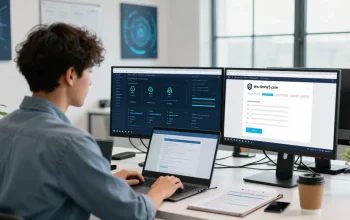 IT technician verifying security checks on shs-dome5.com in a modern office.