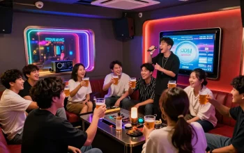 Exciting 제주도유흥 scene in a lively karaoke room filled with guests enjoying drinks and music.