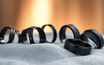 Showcase of Black Zirconium Rings highlighting unique designs and glossy finishes on velvet.