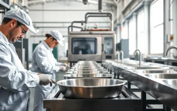 Artisans working at a stainless steel basin factory, showcasing craftsmanship and modern machinery.