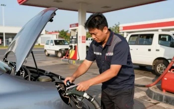 Technician resolving diesel in petrol car issue at fuel station, ensuring quick and safe fuel drainage.
