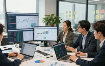 Analyzing financial market analysis tools in a collaborative office setting with diverse professionals.