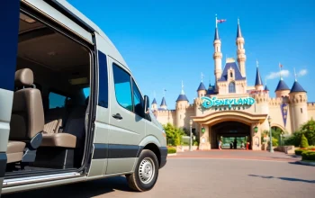 Experience seamless Disneyland Paris airport transfer services with a shuttle van parked near the park entrance.