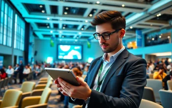 Event management software cost evaluation by a professional in a vibrant conference setting.