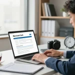 Apply for merchant cash advance with a business owner at a desk reviewing documents and application forms.