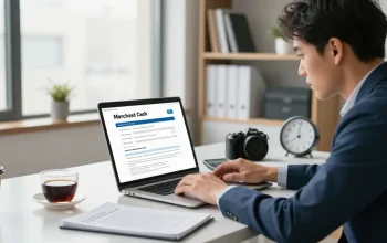 Apply for merchant cash advance with a business owner at a desk reviewing documents and application forms.