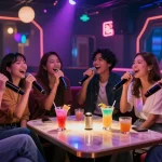 Friends enjoying 강남가라오케 night out, singing with cocktails in lively venue.