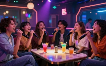 Friends enjoying 강남가라오케 night out, singing with cocktails in lively venue.